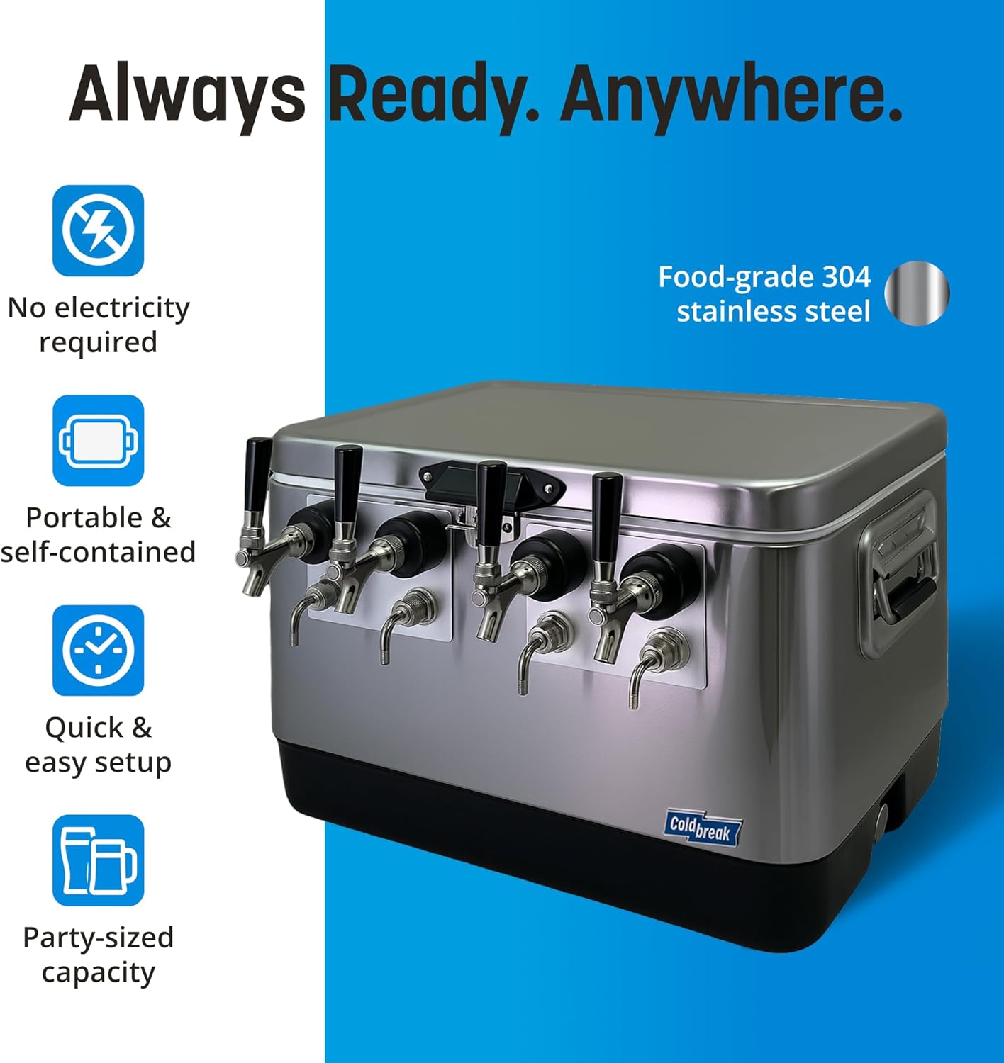 Coldbreak 4-Tap Jockey Box, 54 Quart Cooler with 50' Stainless Steel Coils, Front Input for Clean Setup, Heavy Duty Beverage-Grade Construction, Ideal for Keg Service, Made in USA (Silver)