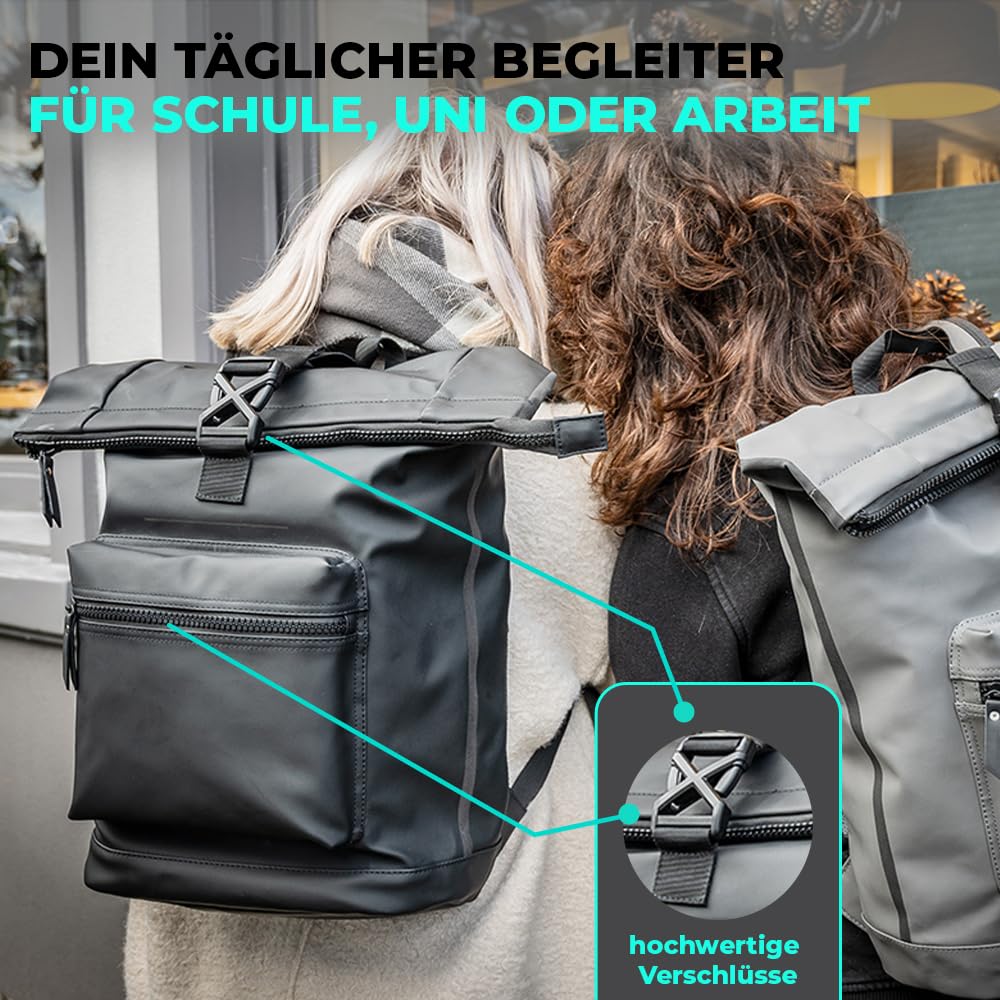 LANGENBERG 30L Rolltop Rucksack - Wasserdichter Rucksack mit bequemen Schultergurten - Fahrrad Rucksack Herren und Damen - Wasserfester Rucksack groß mit verschließbarem Laptopfach + Air-Tag Fach