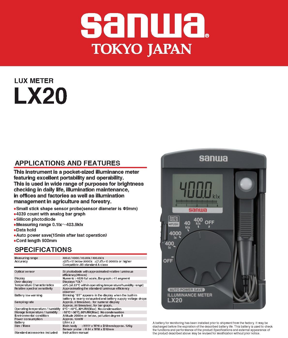 Japan KYORITSU SANWA LX20 Laser Leistungs-Messgeräte/Umwelt-Messgeräte BELEUCHTUNGSMESSER 4039 Vollbereichsanzeige mit Balkendiagramm Anzeige Datenhaltefunktion Automatische Energiesparfunktion
