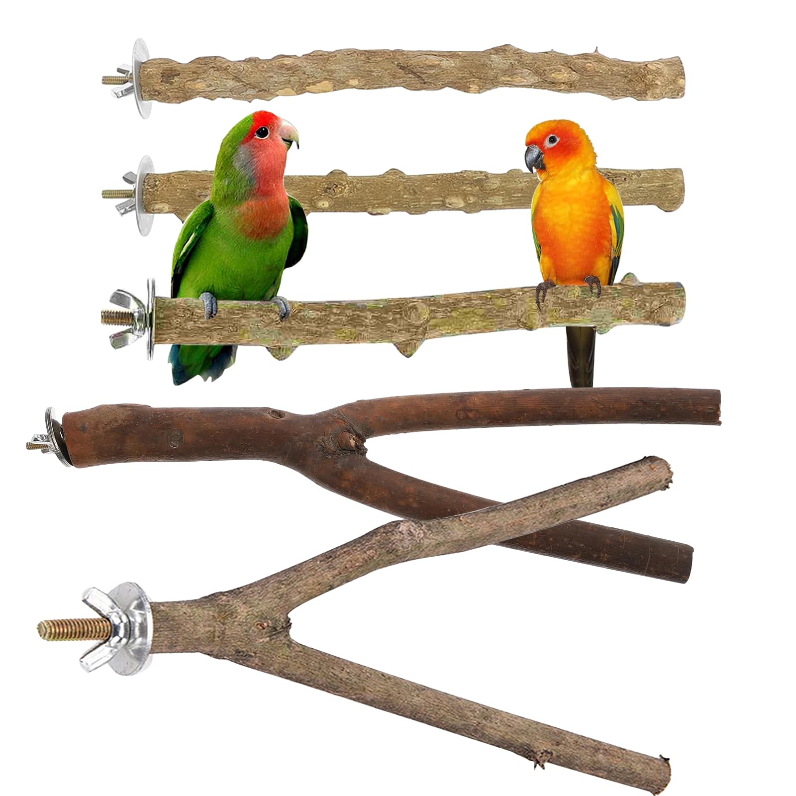 Vueinrg 5 Piezas Perca de Pájaro de Madera Natural con Juguetes y Accesorios Soporte para Percha para Pájaros para Jaula Perchas Pájaros Juguete Parrot Wooden Stand para Guacamayos y Loros Pequeños