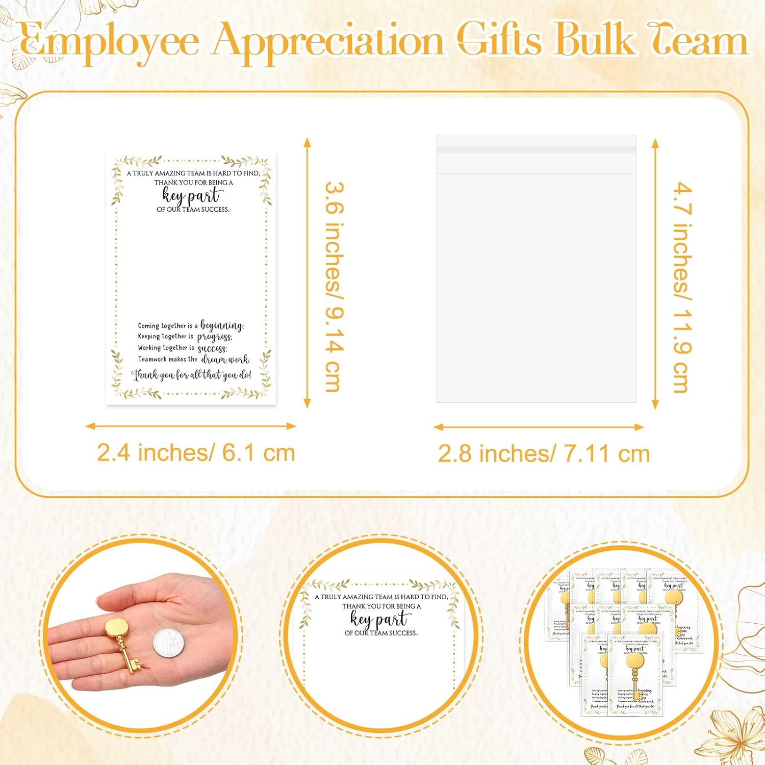 Ecally Employee Appreciation Gifts Bulk Gold Key Shaped Lapel Pin with Thank You Cards Self-Adhesive Bags Team Inspirational Gifts for Employee Staff Coworker Teachers Volunteers