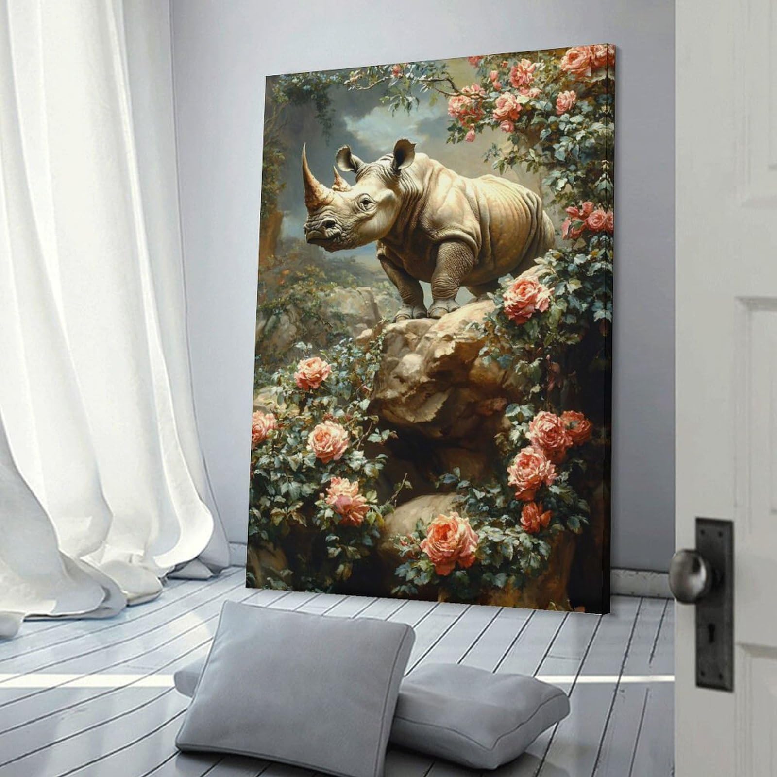 Junmoney Rhinoceros Amidst Blooming Roses Canvas Art Print, 24x36inch(60x90cm), for Wall Displays, Bedrooms Or Room Updates, Home Wall Art for Statement Displays