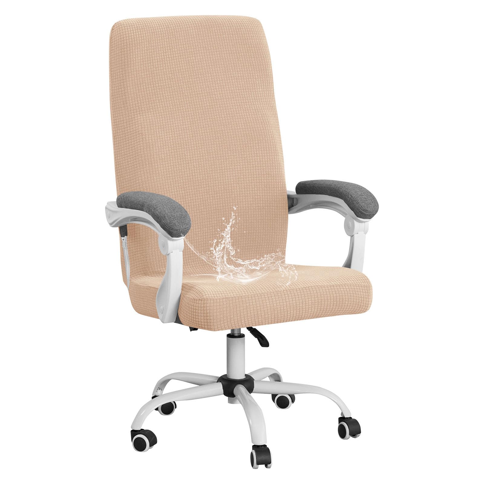 YOPOIY Waterproof Office Chair Cover with Zippers, Stretch Soft Computer Desk Chair Slipcover, Universal Fit Washable Jacquard Executive Rotating Chair Protector (Beige,one size)