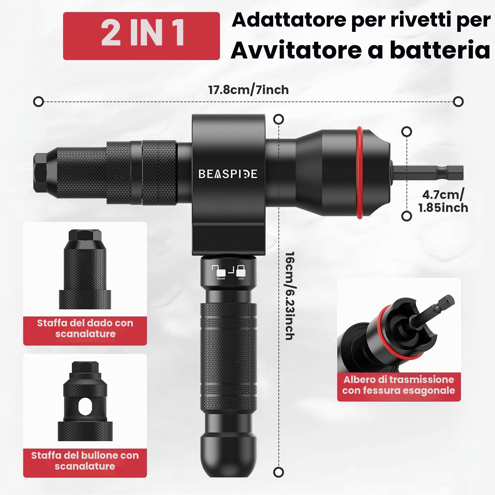 Beaspire Adattatore Rivettatrice per Trapano 2 in 1, per Rivetti Ciechi e Dadi Rivettati, Compatibile con Avvitatore a Batteria, 2,4–6,4 mm, M3–M12