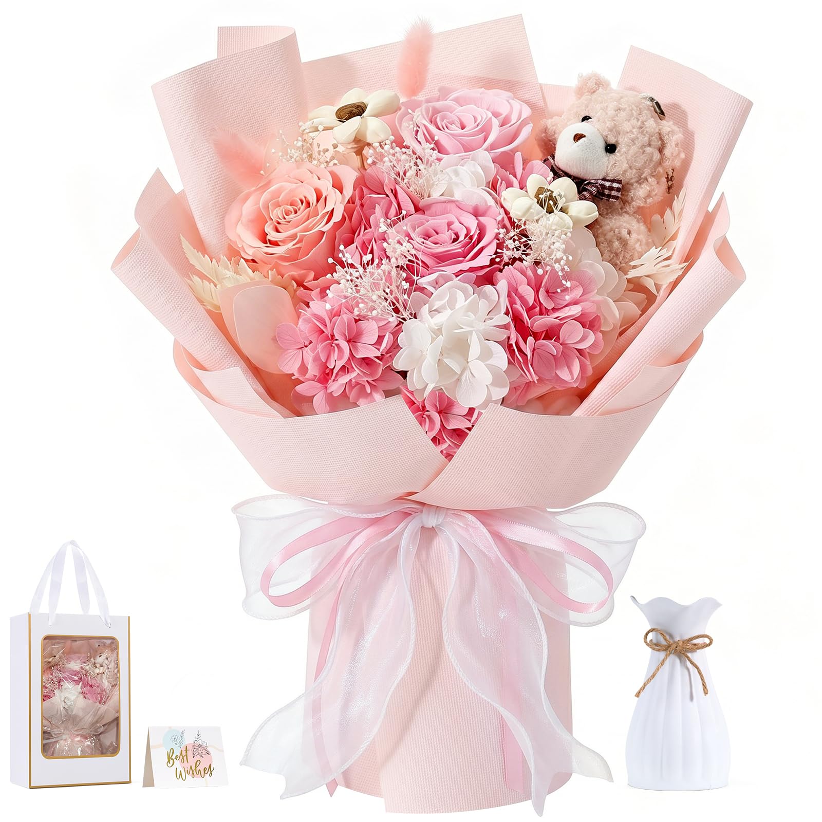 Lewondr Preserved Flowers for Delivery, Flowers Bouquet with Bear, Pink