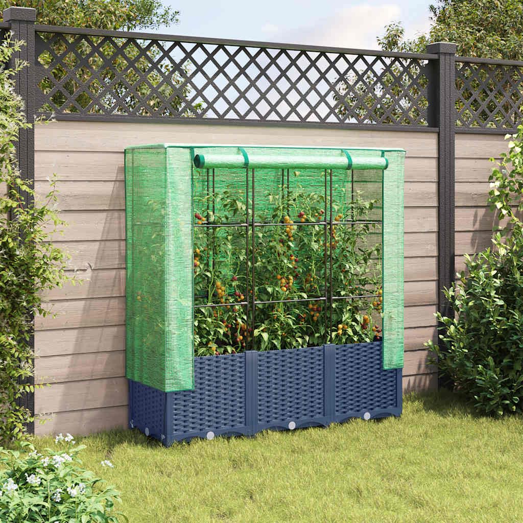 Bancal alto con accesorio para invernadero, aspecto de ratán, 120 x 40 x 138 cm, para jardín, terraza, balcón, jardinera, semillero, aspecto de ratán, color gris azulado