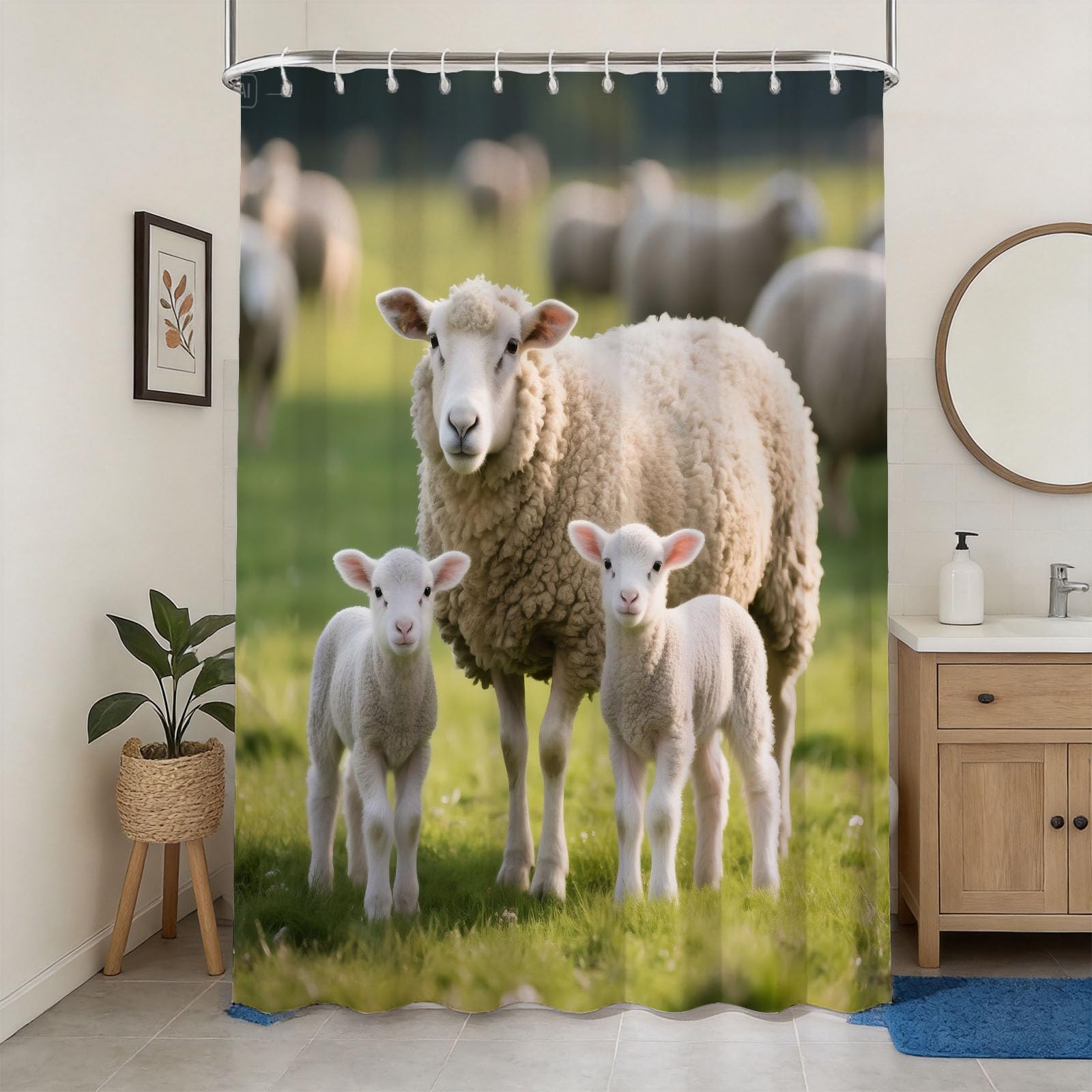 Hongduo 3D Sheep Motif Shower Curtain for Stalls Bathtubs Rural Landscape Bathroom Decor Shower Curtain Set Polyester Fabric Waterproof 200x200cm/79X79 Inch with Hooks