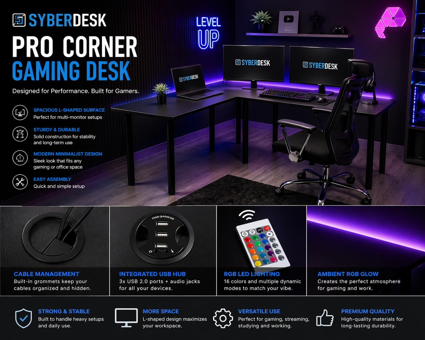 Bureau d'angle Gaming Pro LED - 185 x 120 cm - avec LED - Grand Bureau d'ordinateur - Solide (Gauche)