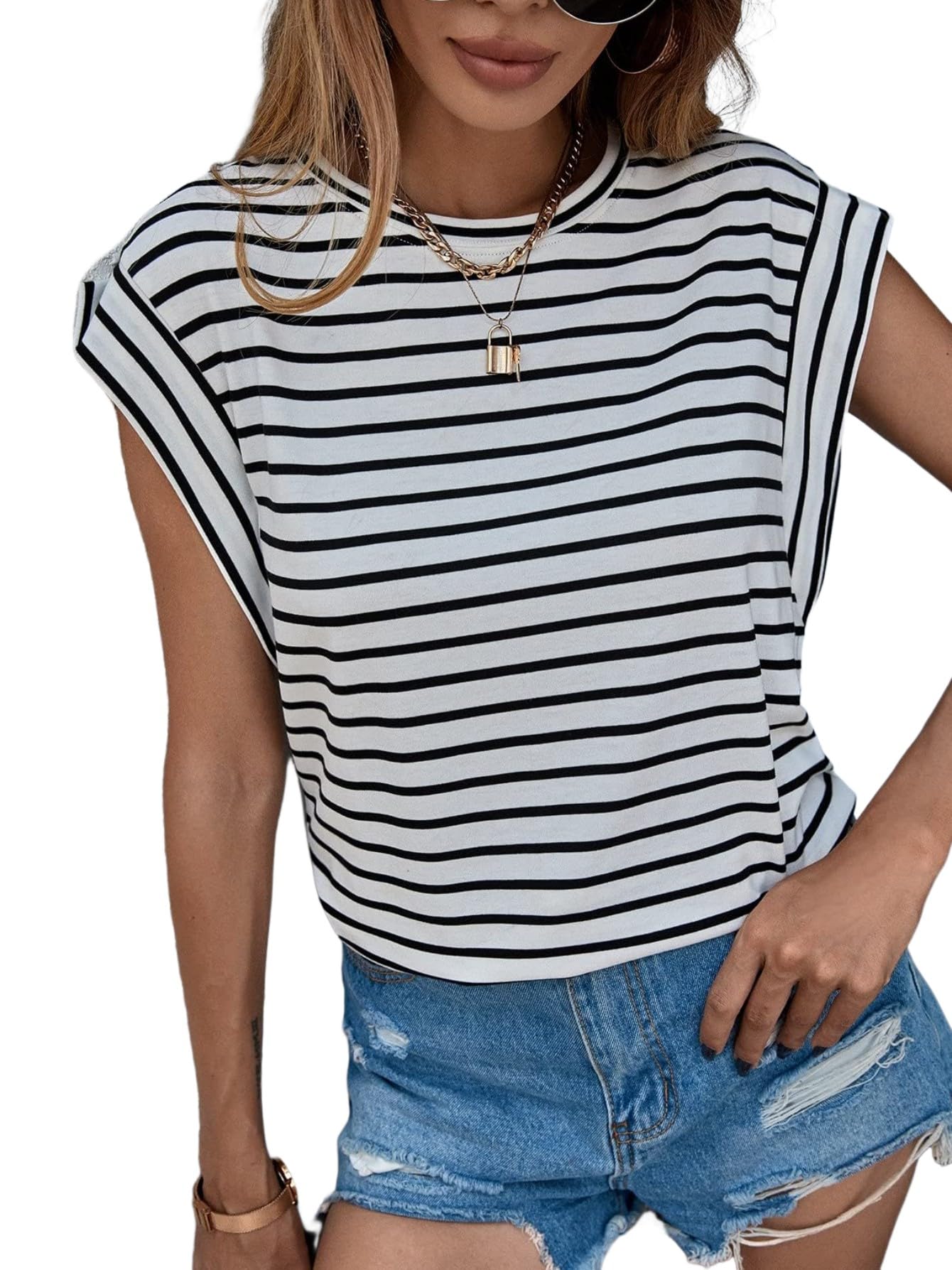 FloernsWomen's Casual Stripe Print Cap Sleeve T Shirts Round Neck Tee