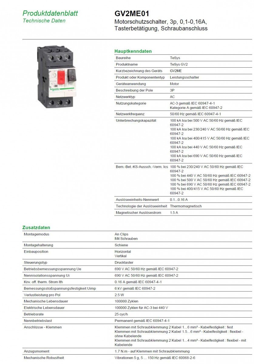 disjoncteur moteur - tesys gv2me - 0.1 à 0.16a - schneider electric gv2me01