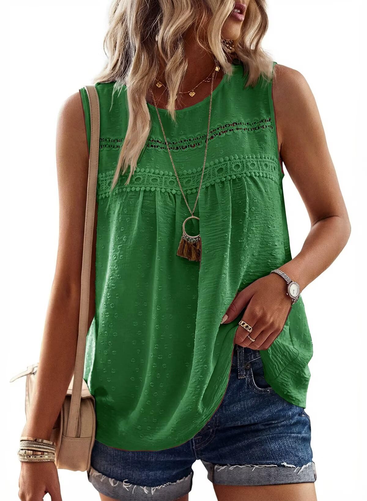Falechay Tank Tops for Women Flowy Boho Cute Swiss Dots Sleeveless Shirts | Crewneck Loose Fit Summer Blouses, Daily Casual, Hide Belly Fat, Cute Lace Hem Ladies Tunic, Babydoll Crochet Trendy Clothes
