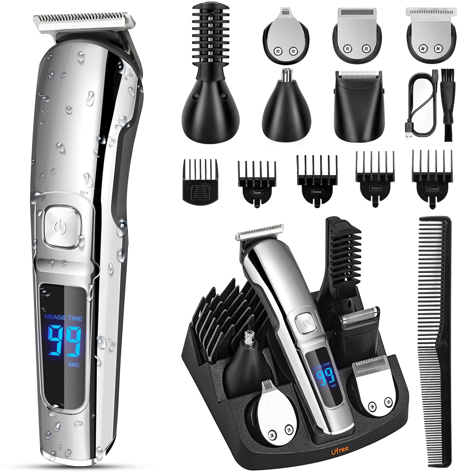 Ufree Haarschneidemaschine Profi Barttrimmer Haartrimmer Herren, 7 in 1 Bartschneider Haarschneider Rasierer Herren Elektrisch, Langhaarschneider Trimmer, Geburtstagsgeschenk für Männer