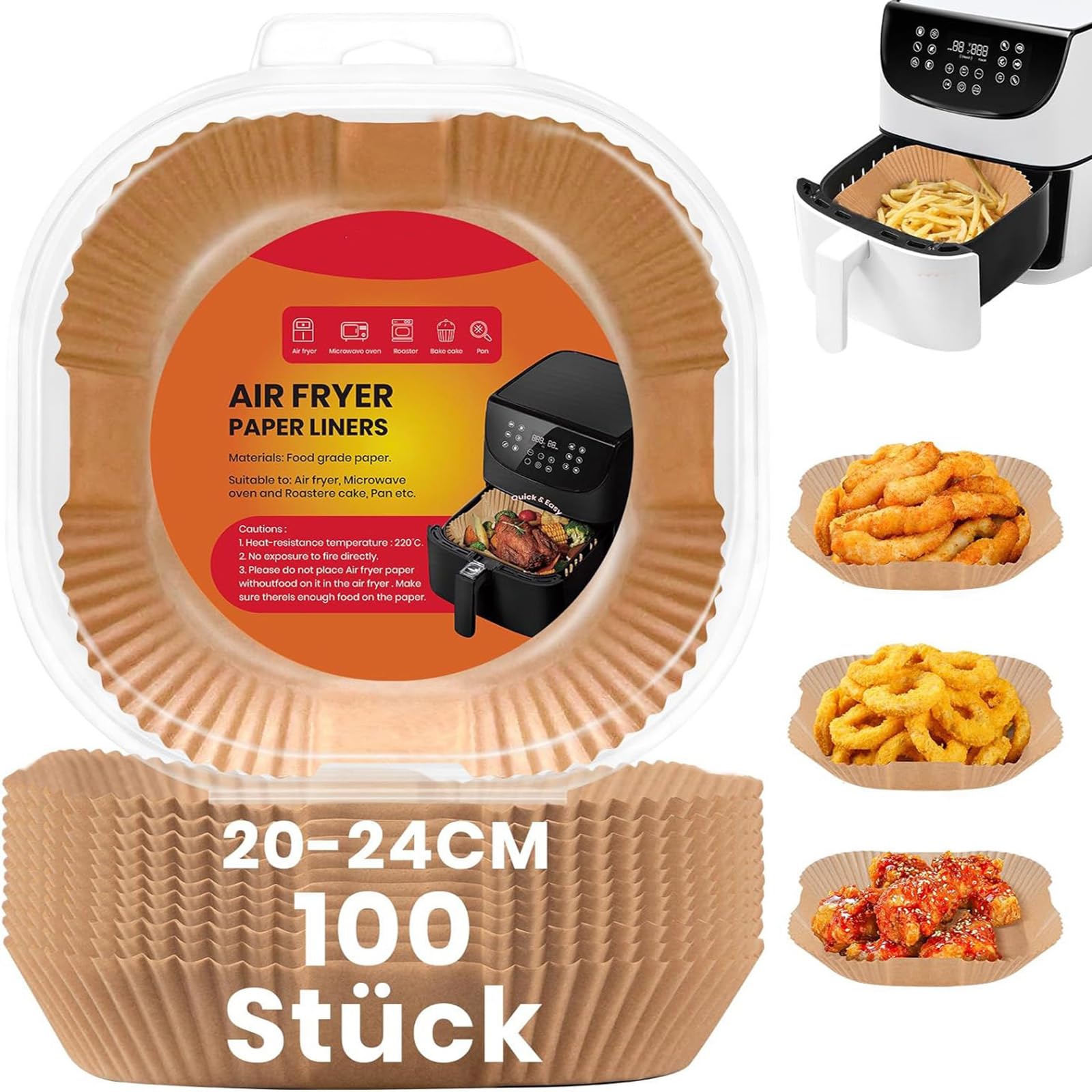 Freidora de aire caliente, 100 unidades, papel de horno Airfryer de 20 a 24 cm, sin BPA, antiadherente, resistente al agua, resistente al aceite, desechables, para 4,7 l – 7,3 l2, cuadrado
