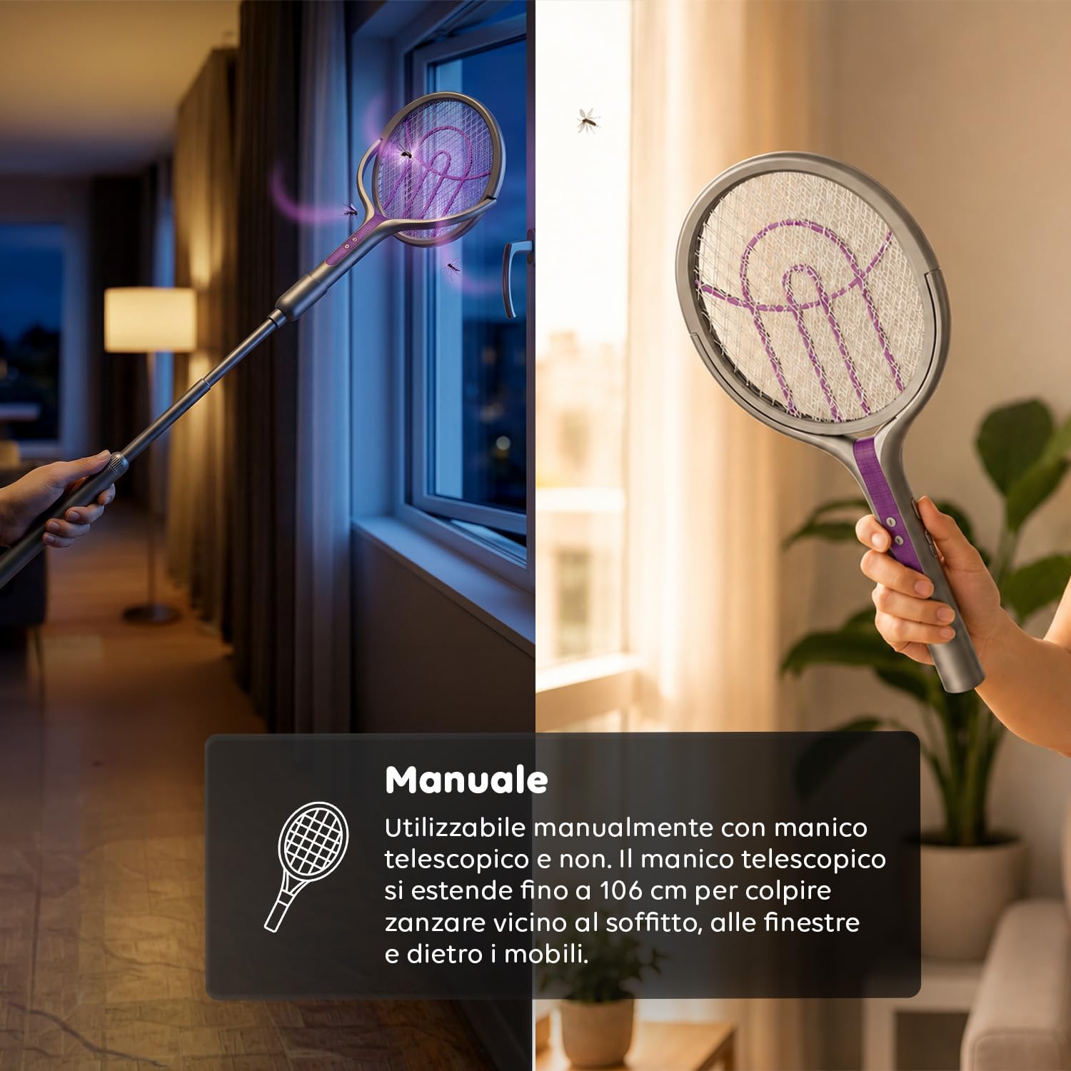 Avilia - Racchetta Zanzare Elettrica Telescopica 2 in 1 – 4000V, Griglia 5 Strati, Luce UV 365nm, USB-C | Racchetta Elettrica per Zanzare Ricaricabile 1800mAh, 79-108 cm, Griglia 90°,Da Tavolo/Manuale