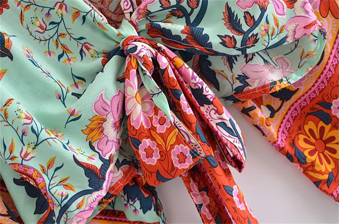 Kimono corto con estampado floral para mujer, cuello en V, mangas murciélago, bata bohemia para cubrir el bikini