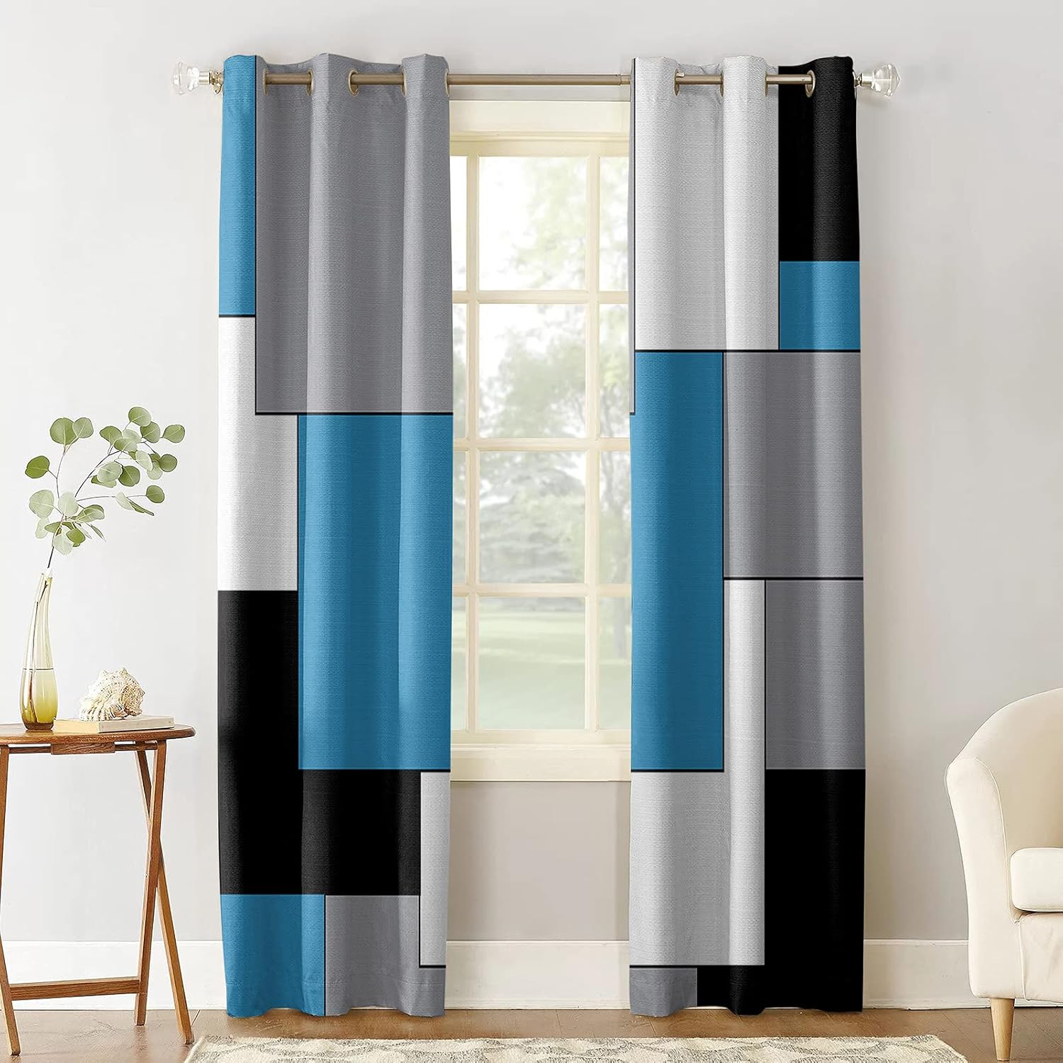 Green Black and Grey Blackout Curtains 96 inches Long 2 Panels Set, Modern Patchwork Art Abstract Room Darkening Curtains Grommet Thermal Insulated Window Drapes for Living Room Bedroom Decor