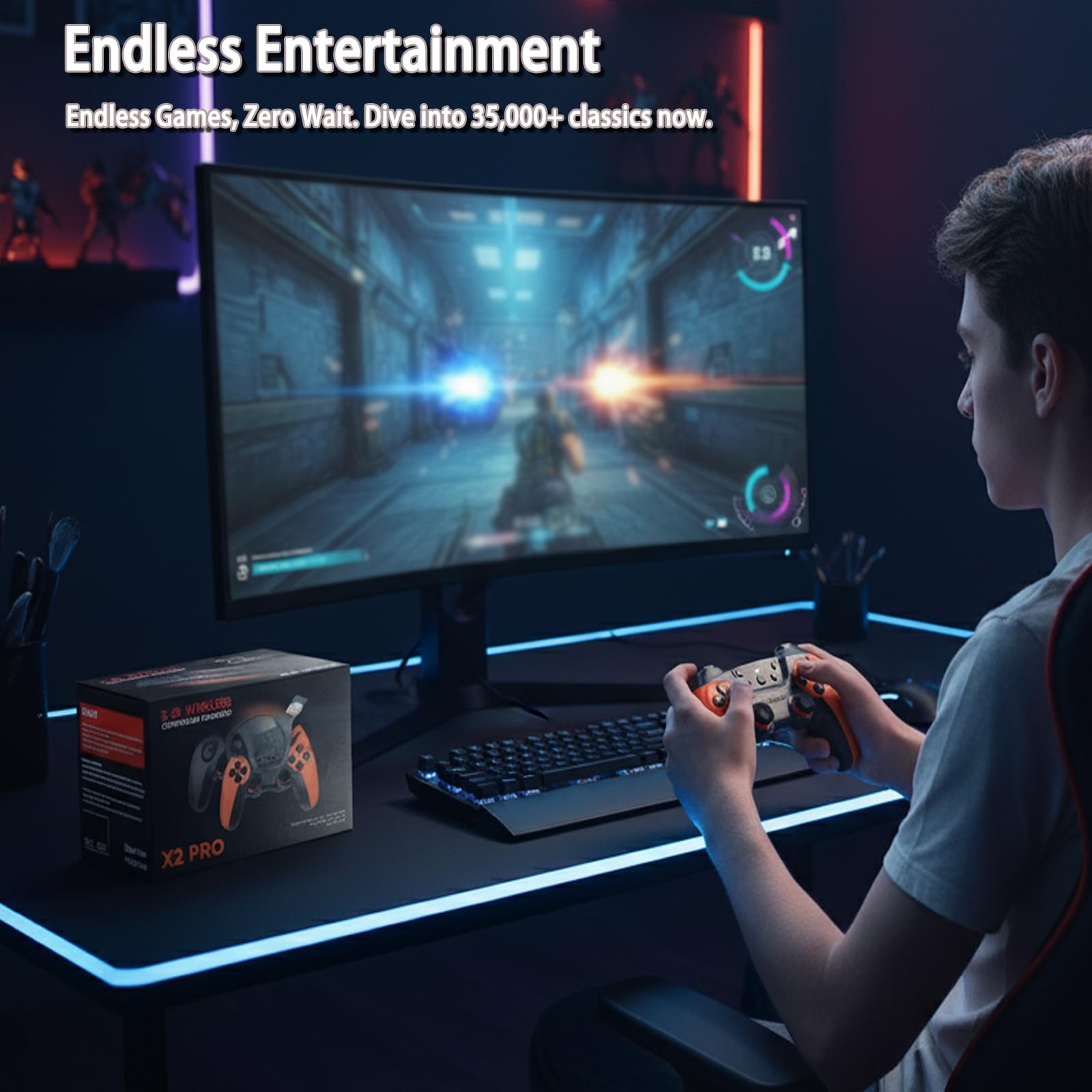 Mldnld Retro Konsole mit 35000+ Klassikspielen, 30 Emulatoren, 4K HDMI Ausgang, 2 kabellose Controller, Plug & Play TV Spielkonsole für Familie und Mehrspieler