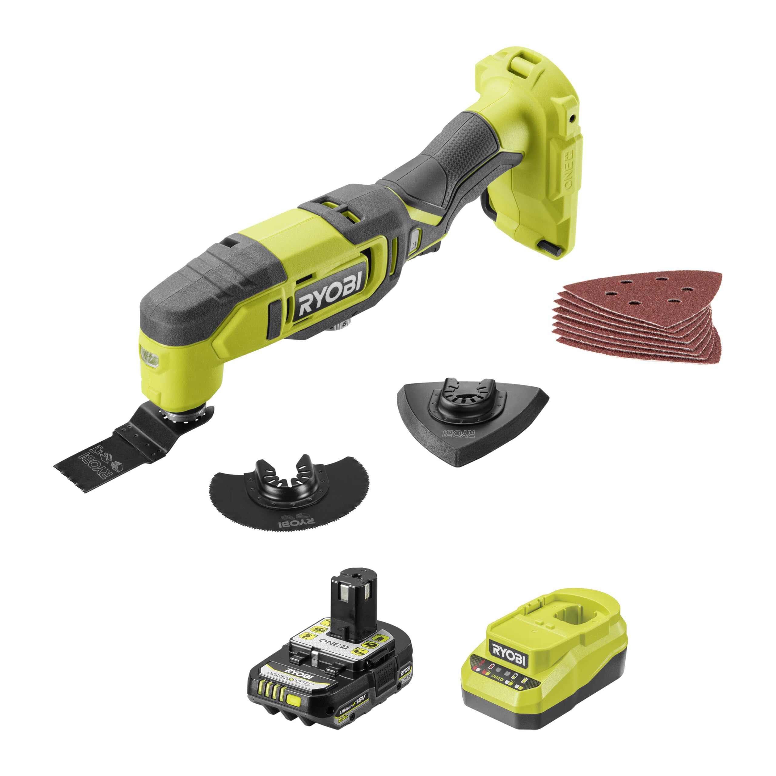 RYOBI Multitool 18V One+™ - Corte de madera metal PVC, lijado precisión, renovación, placa, parquet, 3 cabezales + batería 2Ah + cargador RMT18-1C20GP