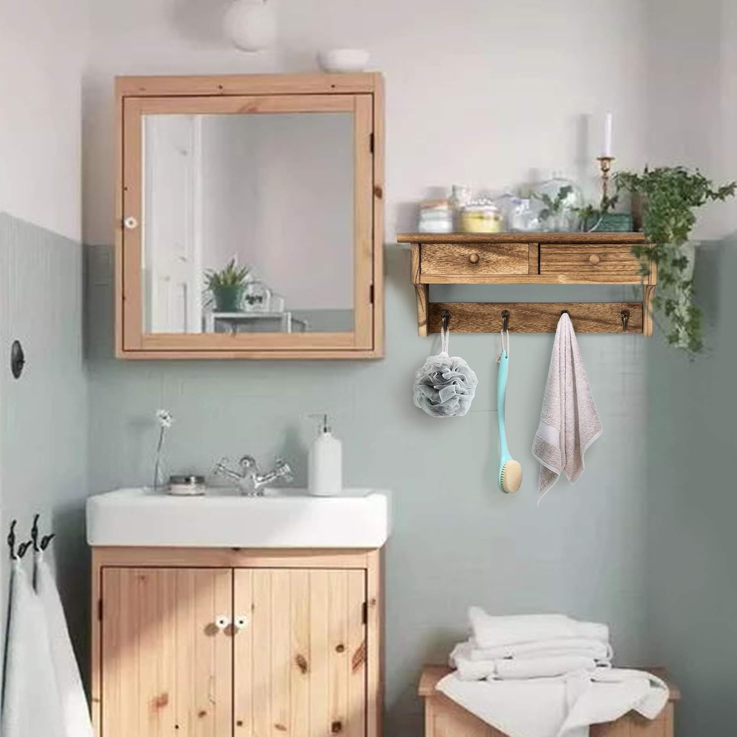 Coat Hooks Mounted, Rustic Wood Coat Ra Mount Shelf with Hooks,