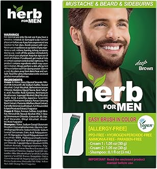 Herb For Men Mustache & Beard Dye (Deep Brown, 3 Pack), PPD-Free Ammonia-Free Hypoallergenic Beard Dye Vegan with Natural Ingredients, Odorless, Gentle for Sensitive Skin, No Skin Irritation