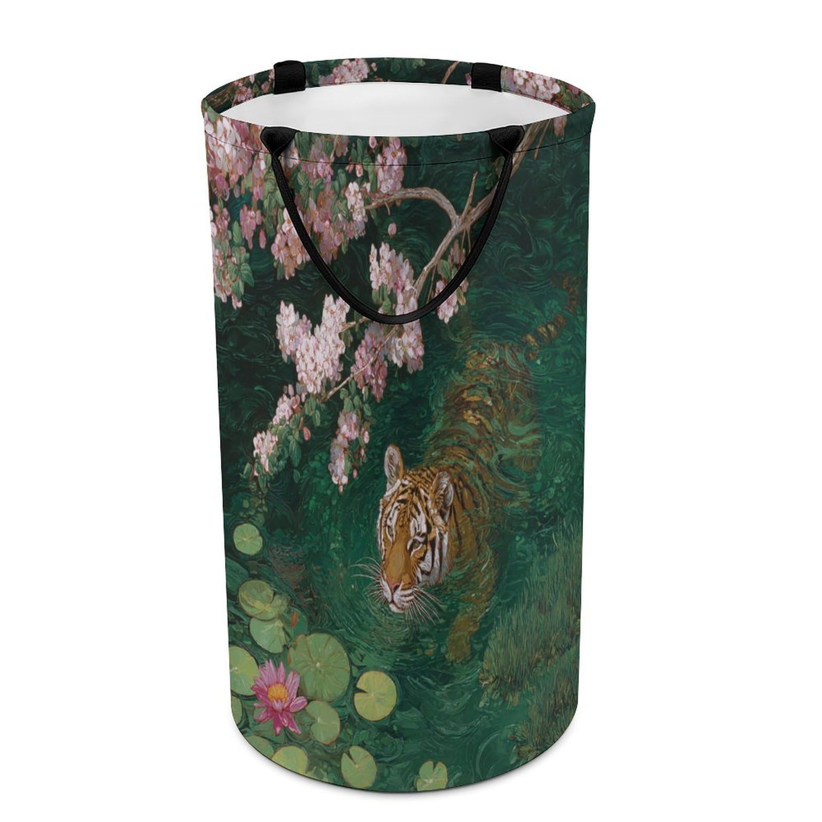 LUYYSKY Classic Realistic Animal Tiger Versatile Storage Laundry Basket, Retro Oil Painting Japanese Cherry Blossom Lotus Floral Large Bathroom Laundry Hamper With Handle-40 CM Dia, 69 CM High