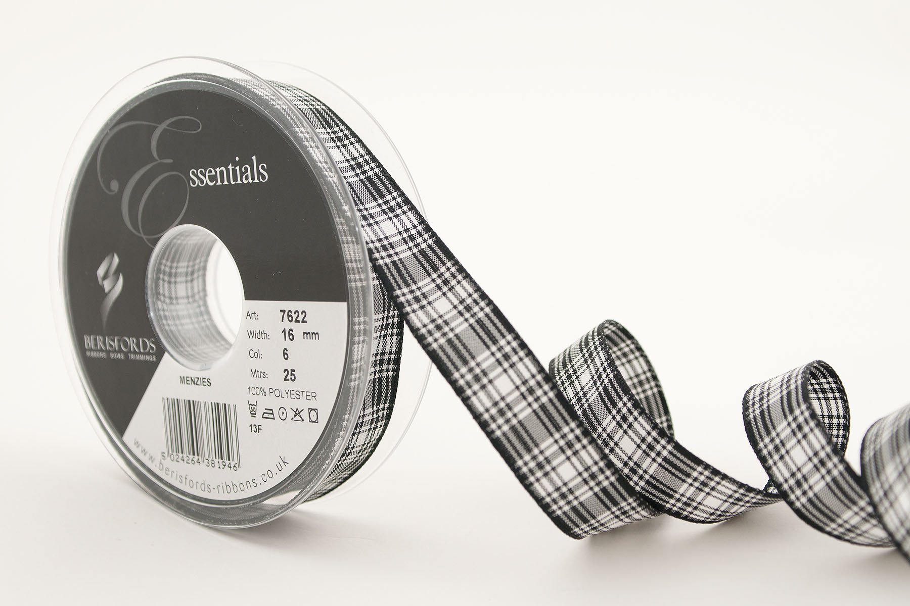 Berisfords 7622 Traditional Menzies tartan ribbon, Black, 25 m x 16 mm