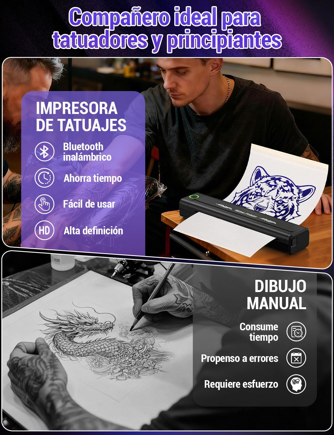 YOHOOLYO Termocopiadora Tattoo Bluetooth Impresora Termica Tattoo Portatil 203 DPI Compatible con Smartphones Tabletas Incluye 10 Hojas de Transferencia para Tatuadores Principiantes