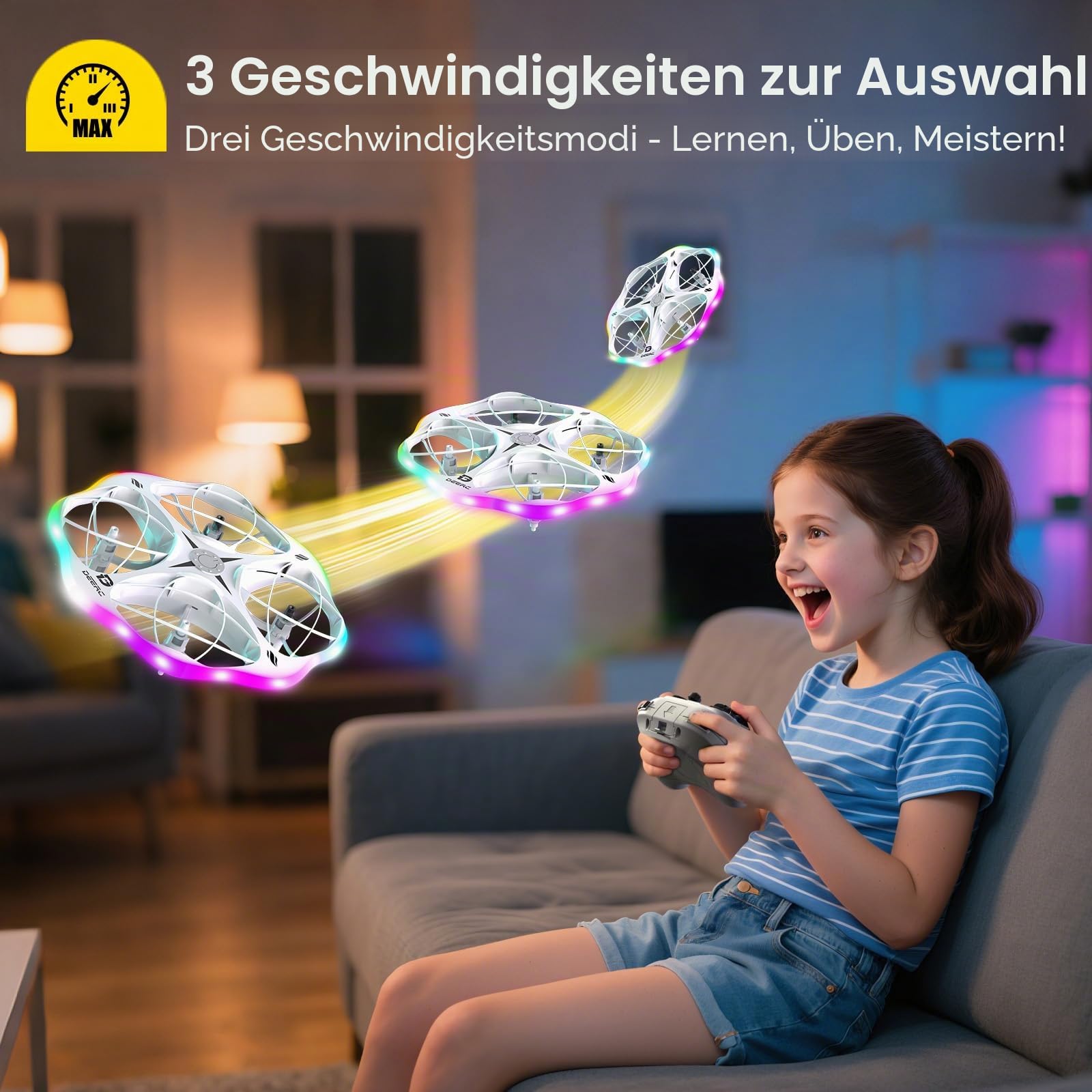 DEERC D13 Mini-Drohne für Kinder mit Hinderniserkennung, 6 LED-Lichtmodi, kleines UFO-Spielzeug, 3 Akkus für längere Flugzeit, Wurfstart, 3D-Flips, Geschenk für Jungen und Mädchen von 6–12 Jahren