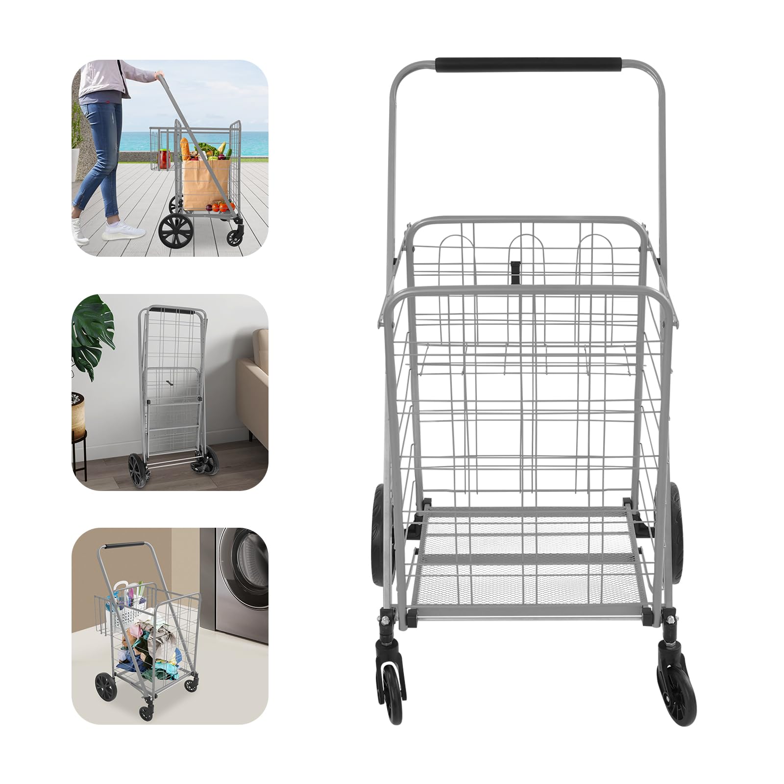 Carrello per la spesa pieghevole con doppio cestino, carrello della spesa con carrello e ruote per alimenti, biancheria e trasporto, cesto portabiancheria