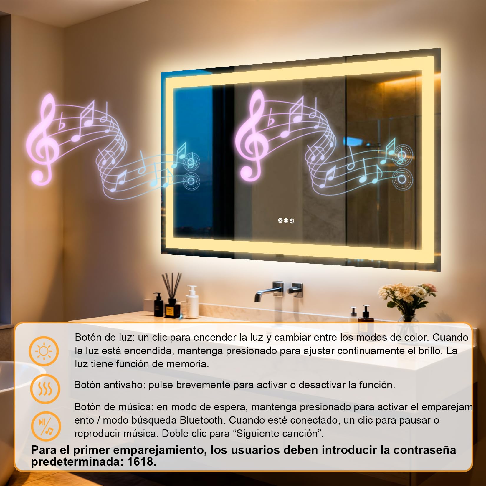 Espejo de baño LED con Luces, Altavoz Dual Bluetooth 100x70 cm, antivaho, 3 temperaturas de Color, Brillo Regulable, función de Memoria, Impermeable, diseño de Montaje en Pared, Vidrio Templado