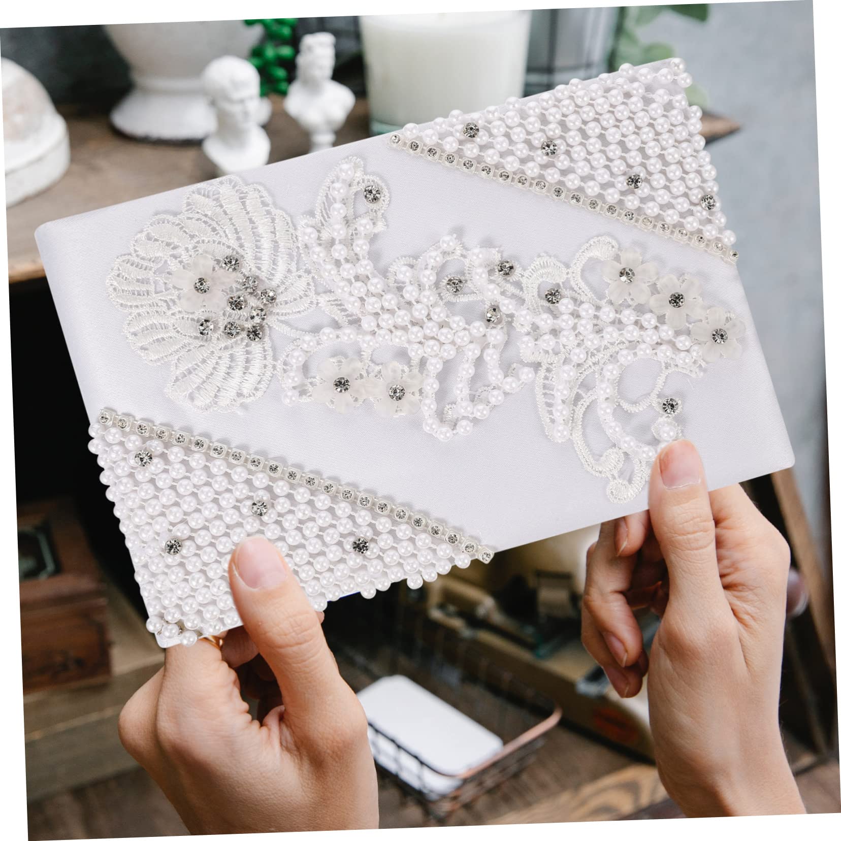 Libro Firma Matrimonio Bianco Perle e Strass, Elegante | Copertina e Carta, Apertura Semplice per Scrivere, Adatto a Ricevimento Nozze e Shower
