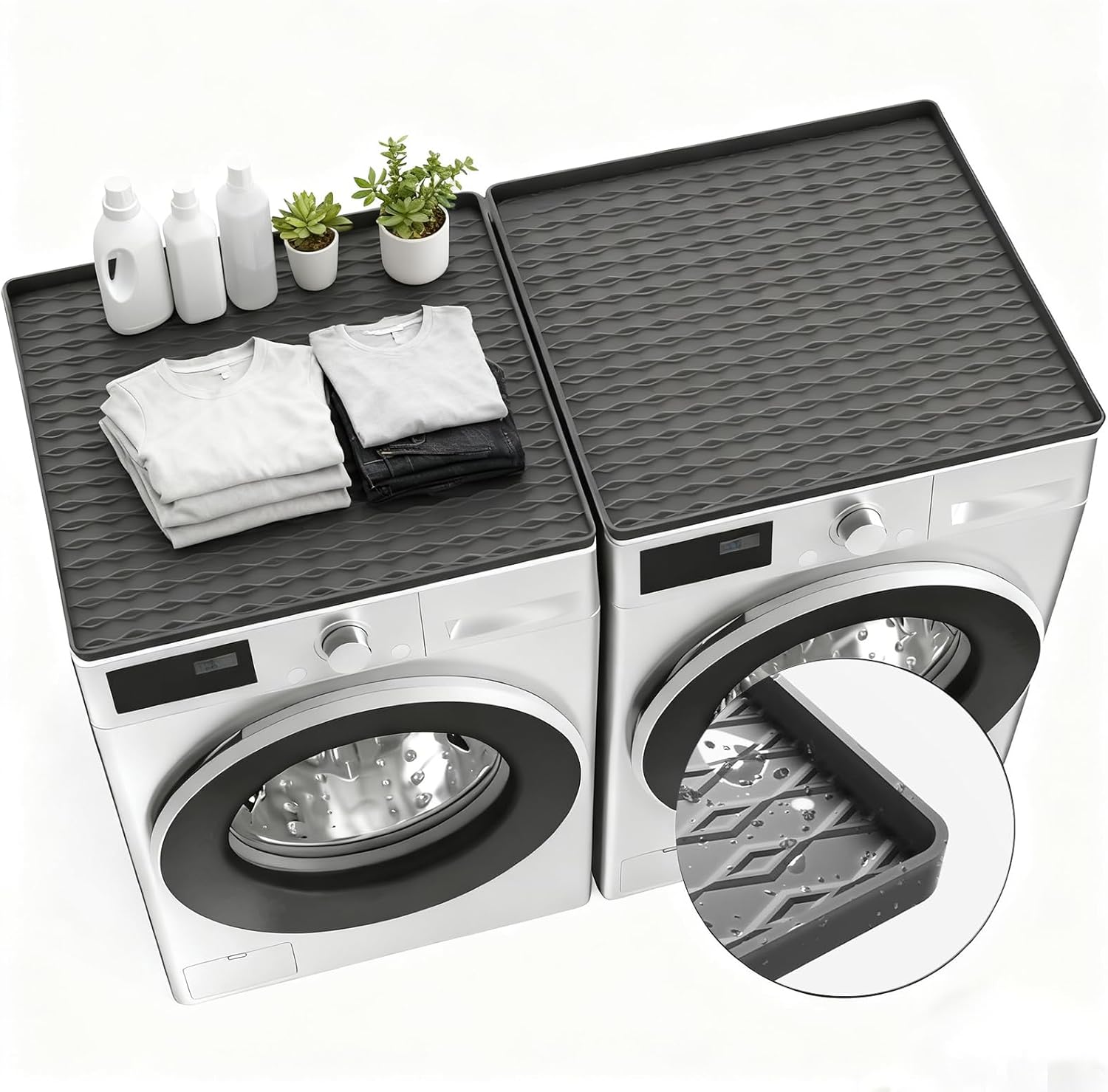 Washer and Dryer Top Protector Mat, 2 PCS, 25.6“ x 23.6" Silicone dust pad, Non-slip,Heat-Resistant, Leak-Proof Top Protector for Laundry Room Essentials,(Gray,2 PCS)