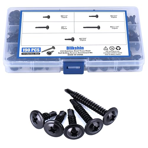 Tornillos autoperforantes con cabeza de armadura negra #8, 190 tornillos autorroscantes para kit surtido de metal, longitud de 12 a 1-14 pulgadas