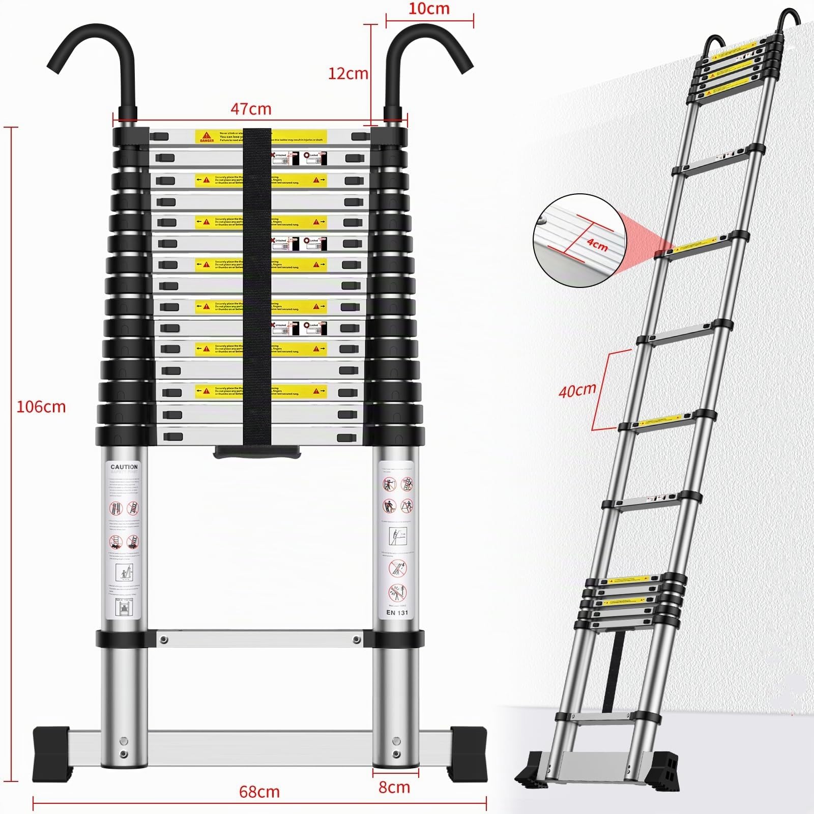 Escalera TelescóPica 6,2m, Escalera Extensible con Ganchos, Varias Posiciones, para Reparaciones Domésticas, Almacenes y Trabajos de Jardinería