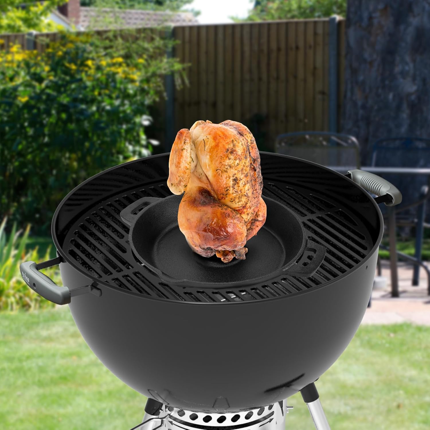 Charkettle Cast Iron Poultry Roaster Insert, Beer Can Chicken Holder with Roasting Pan, Gourmet BBQ System Vertical Roaster Stand Grilling Accessories Rack for 22" Kettle Grills/Oven/Smoker
