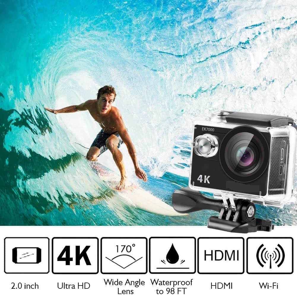 Action Cam, EK7000 4K Action Camera Videocamera DV Impermeabile Ultra HD Telecamere da 12 MP Fotocamera Sportiva Grandangolo da 170 Gradi Originale,All'aperto, Sport, Video