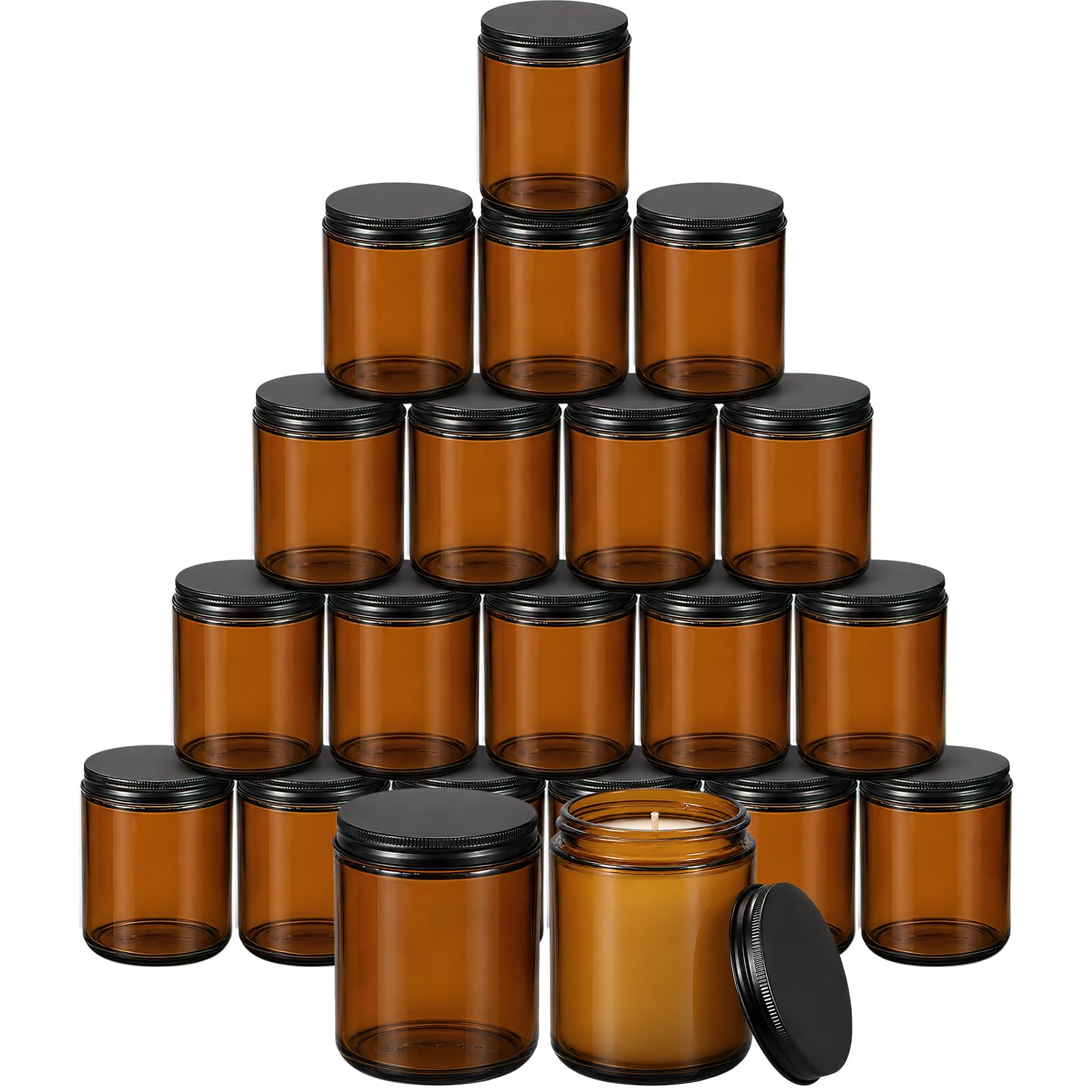 30 Pcs 240ml Amber Round Glass Jars, Empty Refillable Candle Container Bulk