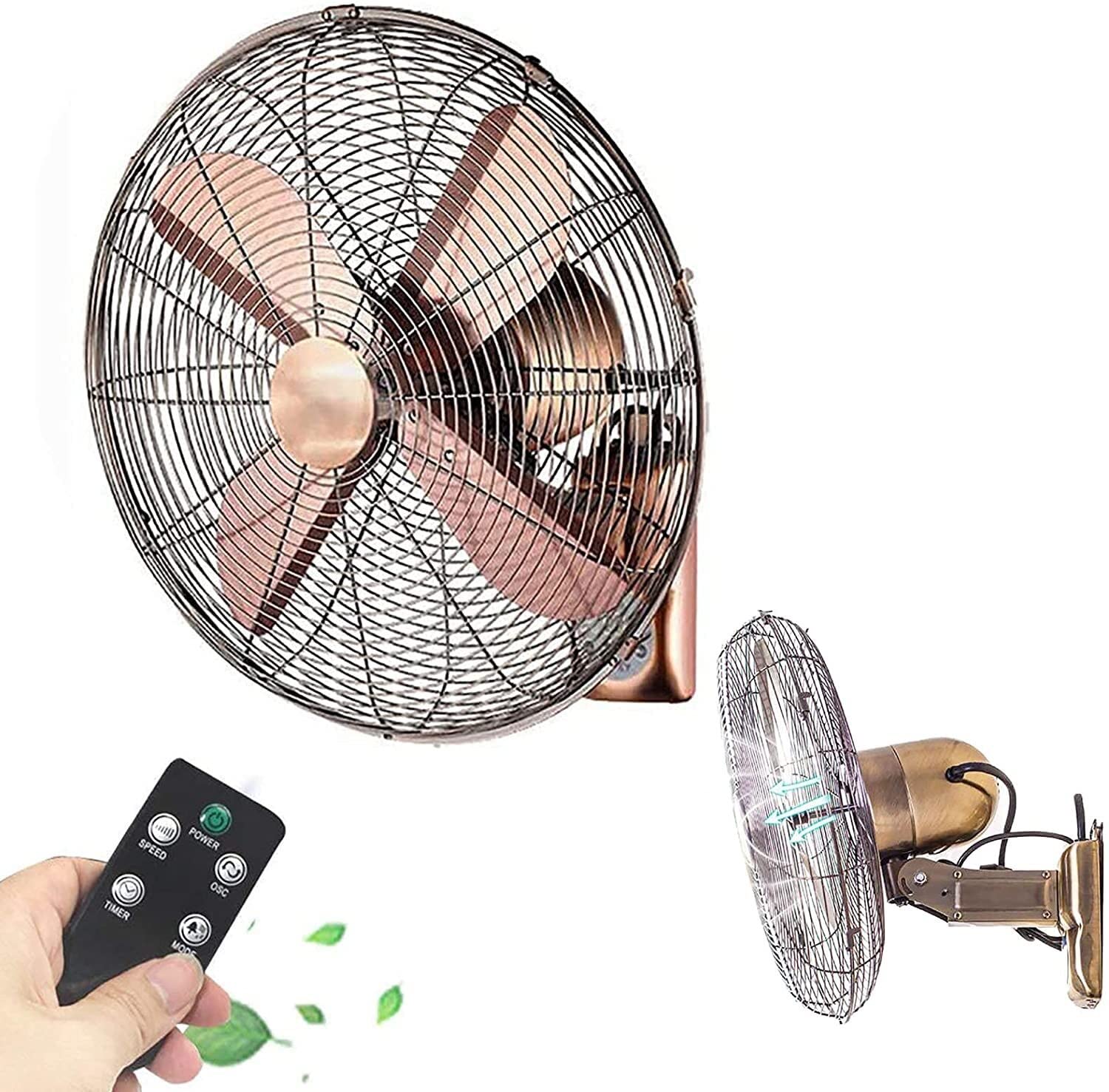 asdchZen Wall Mount Fan 18 Inch, Retro Metal Cooling Fan With Remote Control, 3 Speed Oscillating Ventilation Fan For Garage Workshop,Red Bronze-45cm