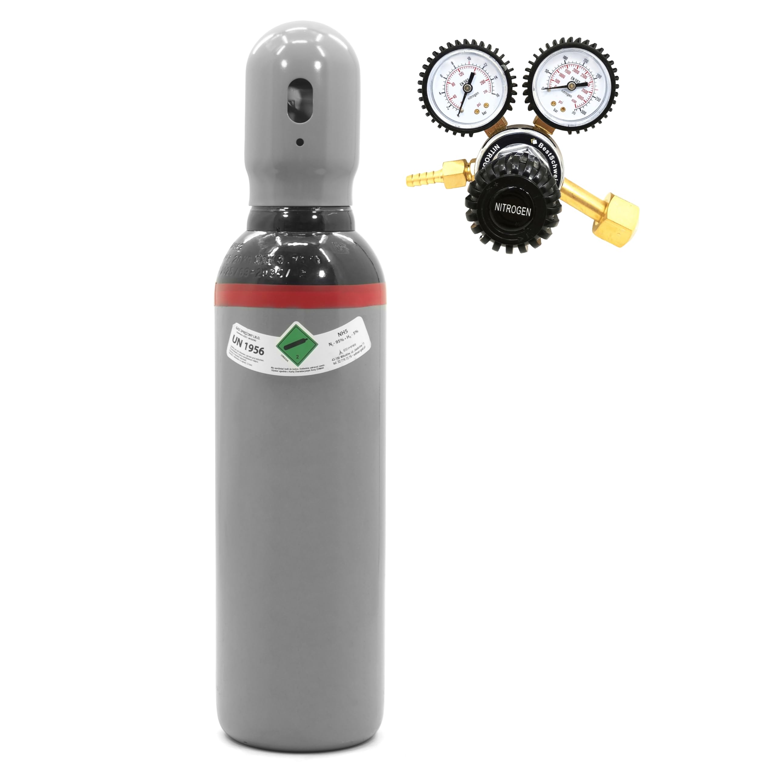 Bombona de gas de nitrógeno, hidrógeno, 5 litros, NH5 (95/5) + reductor de presión de 200 bar (juego), gas formier, llenado y nuevo para detección de fugas de aire acondicionado Bestschweissen.de