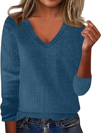 Womens Knit Sweaters Dressy Casual V Neck Long Sleeve Shirts Loose Fall Fashion Sweatshirts Pullover Tops Blouses