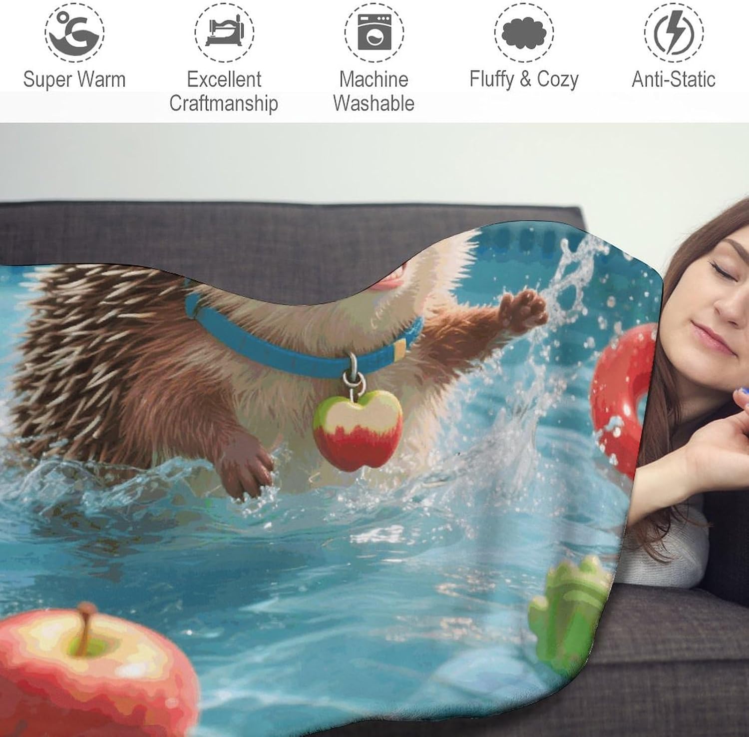 Hedgehog Pool Dash Throw Blanket Round Beach Towel | 59.1 Inch Circular Flannel blanket Large Soft Beach Blanket Lightweight Foldable Beach Towel Throw for Daily Leisure Use