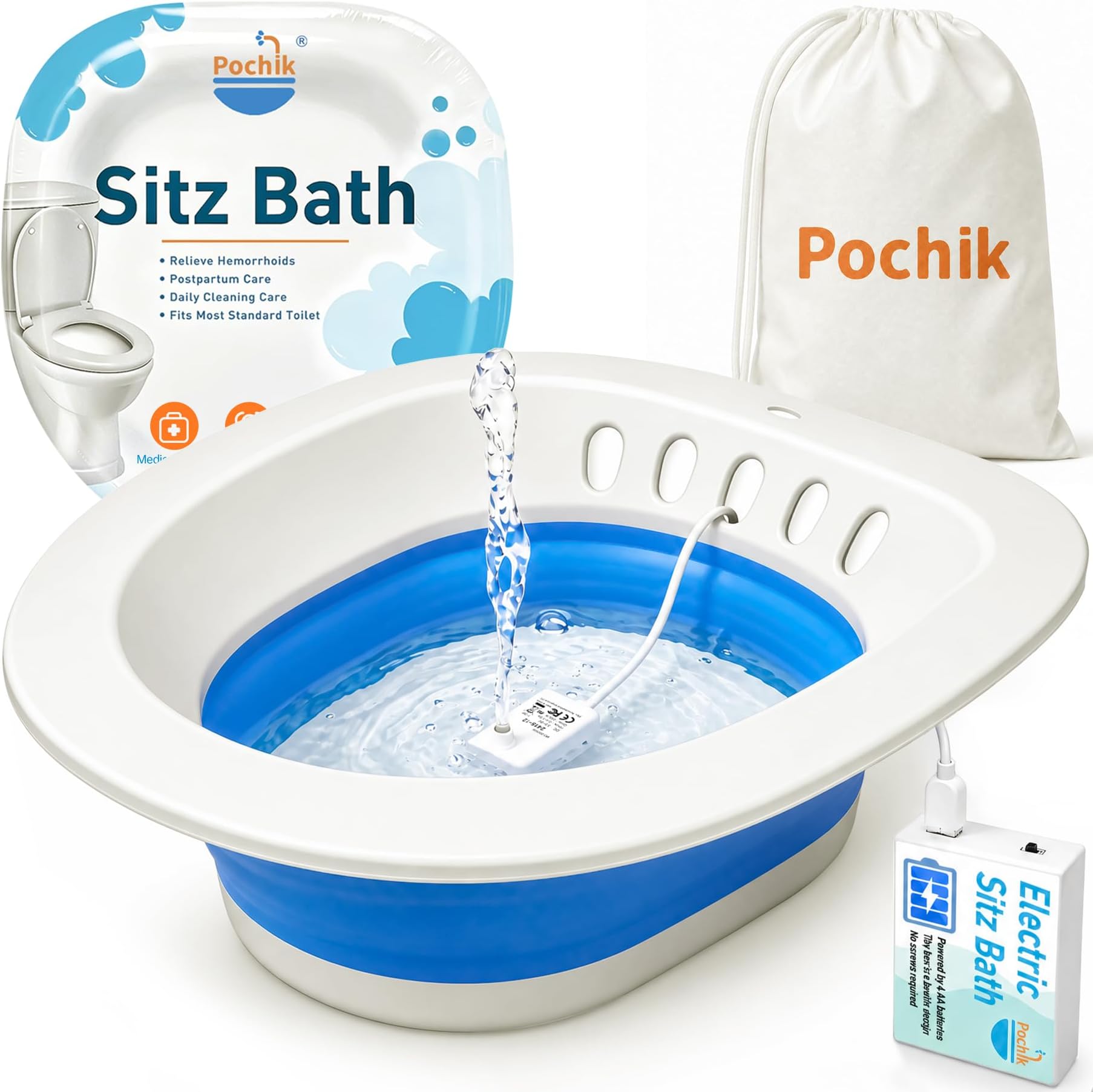 Pochik Electric Sitz Bath for Toilet Seat, Collapsible Portable Soaking Tub for Hemorrhoids and Postpartum Care, Automatic Flushing Sitz Bath Basin with Adjustable Flow - Aqua