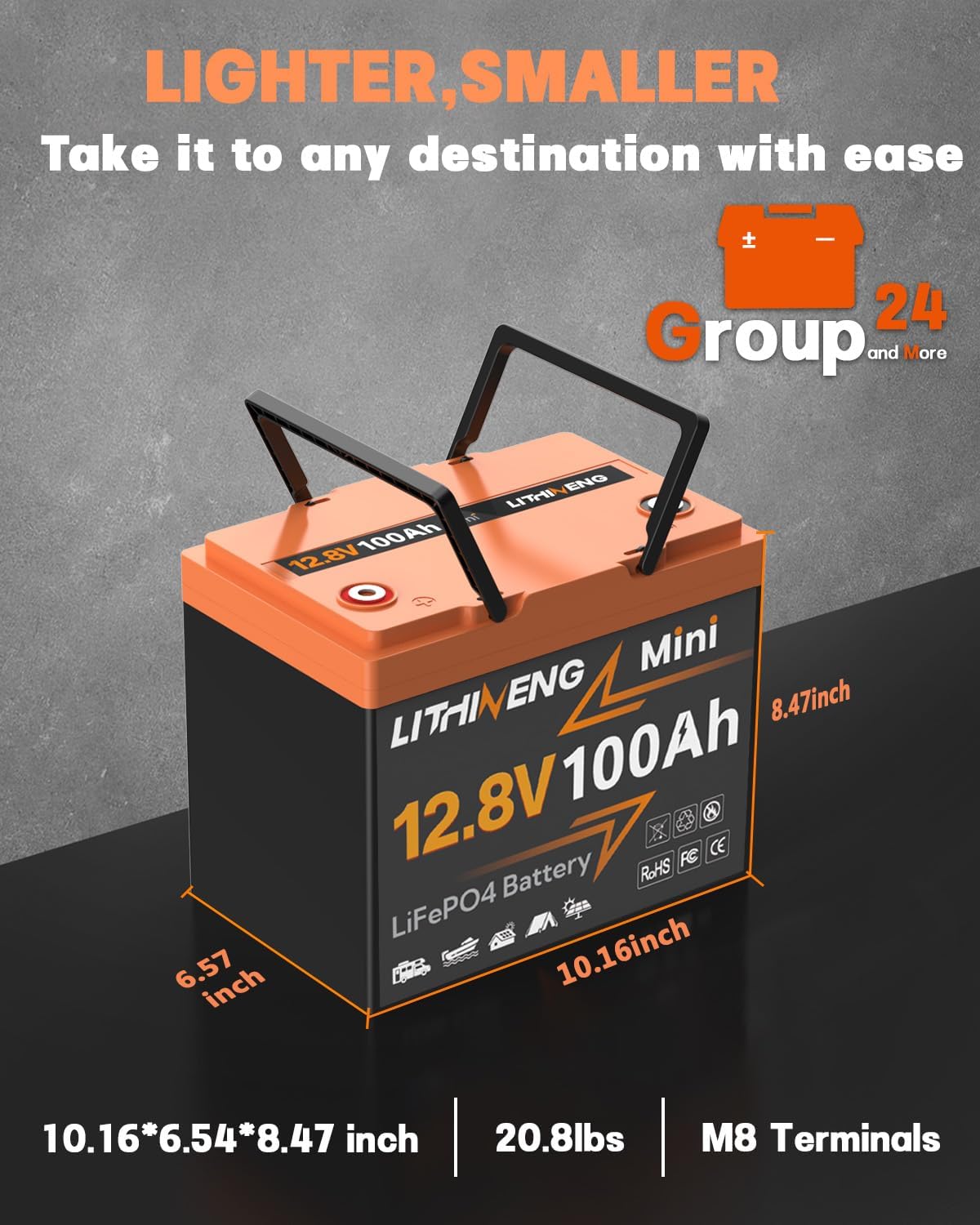 12V 100Ah LiFePO4 Lithium Battery, BCI Group 24, Built-in 100A BMS with Low-Temp Protection, Max.1280Wh Energy, Perfect for Trolling Motor, Trailer RV, Marine, Solar System