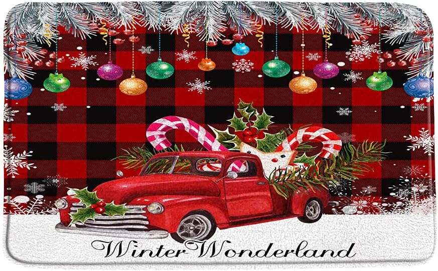 3 Pieces Bath Rugs Merry Christmas Bath Mat Christmas Wreath Snowflake Black and Red Buffalo Check Plaid Xmas Berry Winter,Microfiber Memory Foam 18x30 Inch Bath Mat Sets or Bathroom Decor