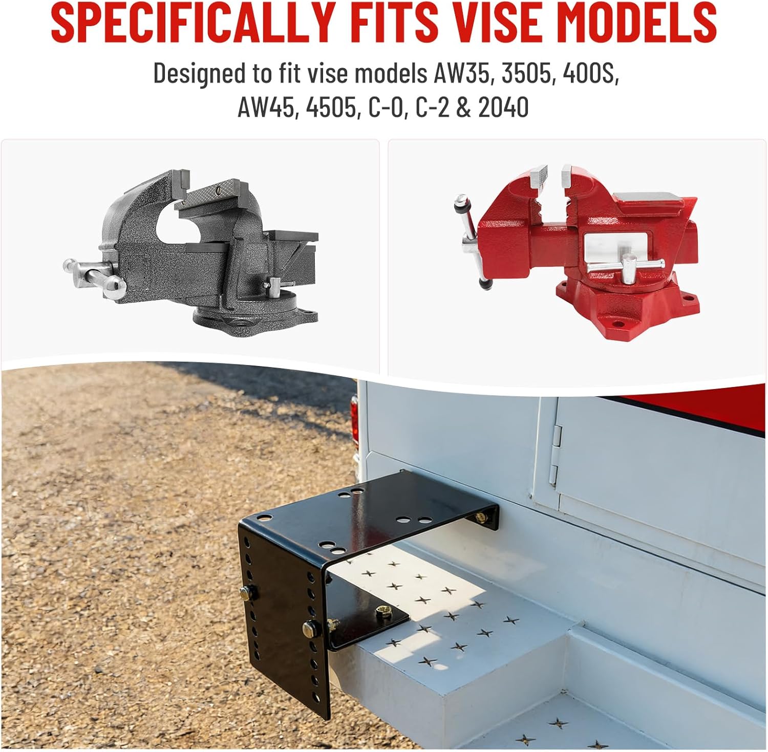 Black Bumper Vise Mount Heavy Duty Truck Vise Mount, Pre-Drilled, Adjustable Height, Easy Bolt-On Installation for Utility and Service Body