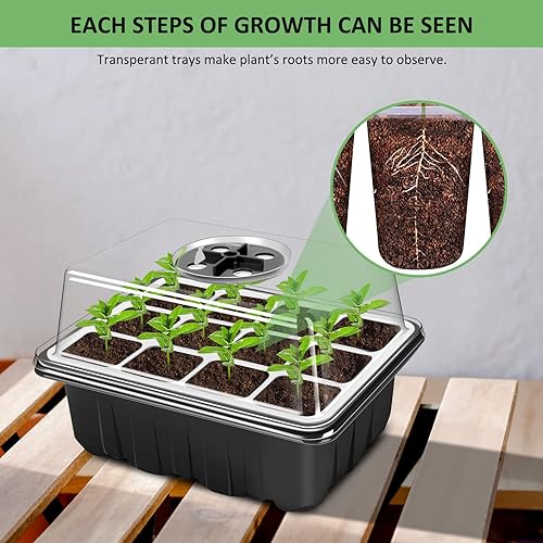 Miniatura 7 de YAUNGEL Bandejas de inicio de semillas, paquete de 12 bandejas de semillas gruesas de 144 células con cúpula de humedad, tapas transparentes,