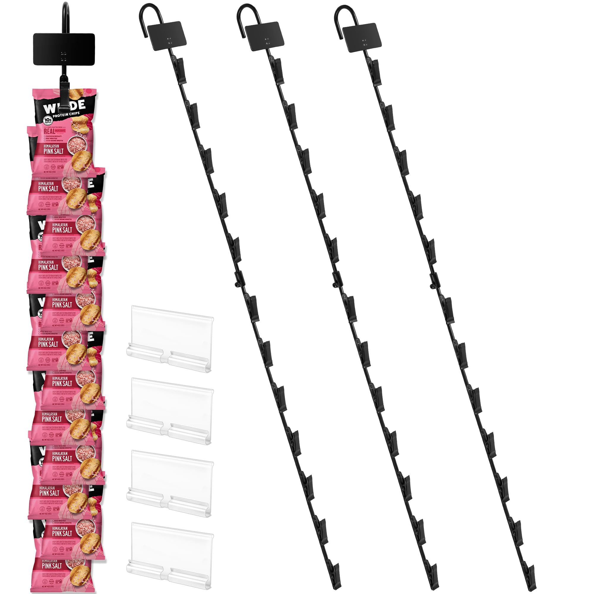Board2by Hanging Merchandise Strips with Hooks - 32 inches Chip Display Rack Stands - Potato Chip Rack Bag Holder with 12 Clips for Retail Displaying, 4 Pack Black with Label Headers