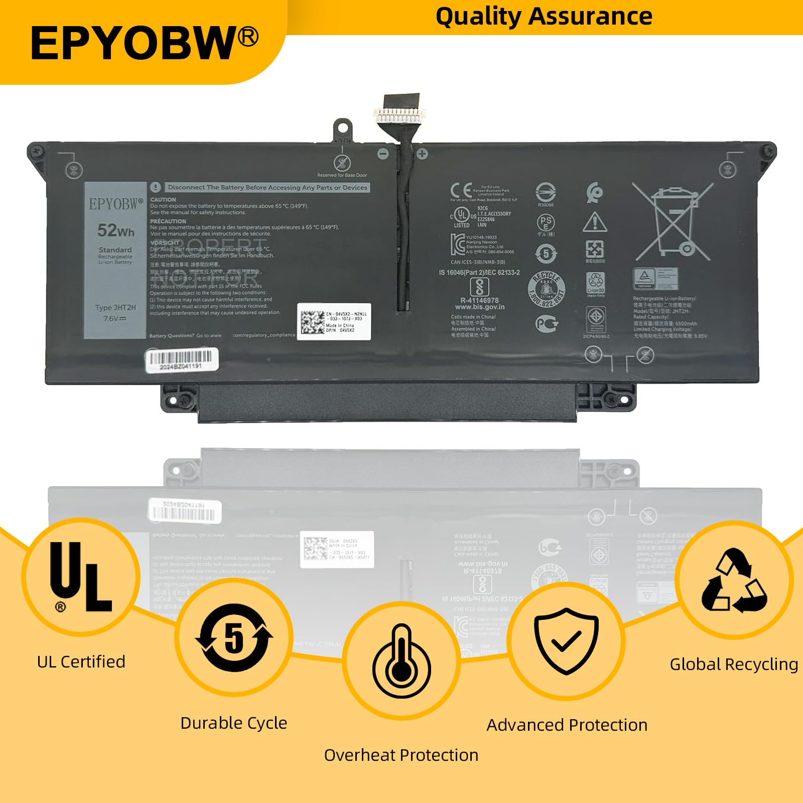 EPYOBW JHT2H Battery 52Wh 6500mAh 4-Cell 7.6V Compatible with Dell