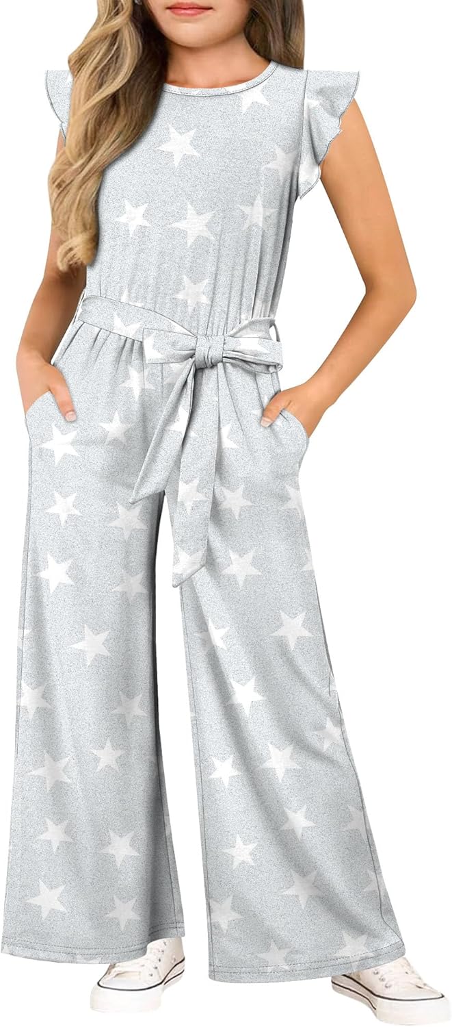 Yoklass Jumpsuit for Girls Casual Cap Sleeve Romper Belted Wide Leg One Piece Outfit - Image 2