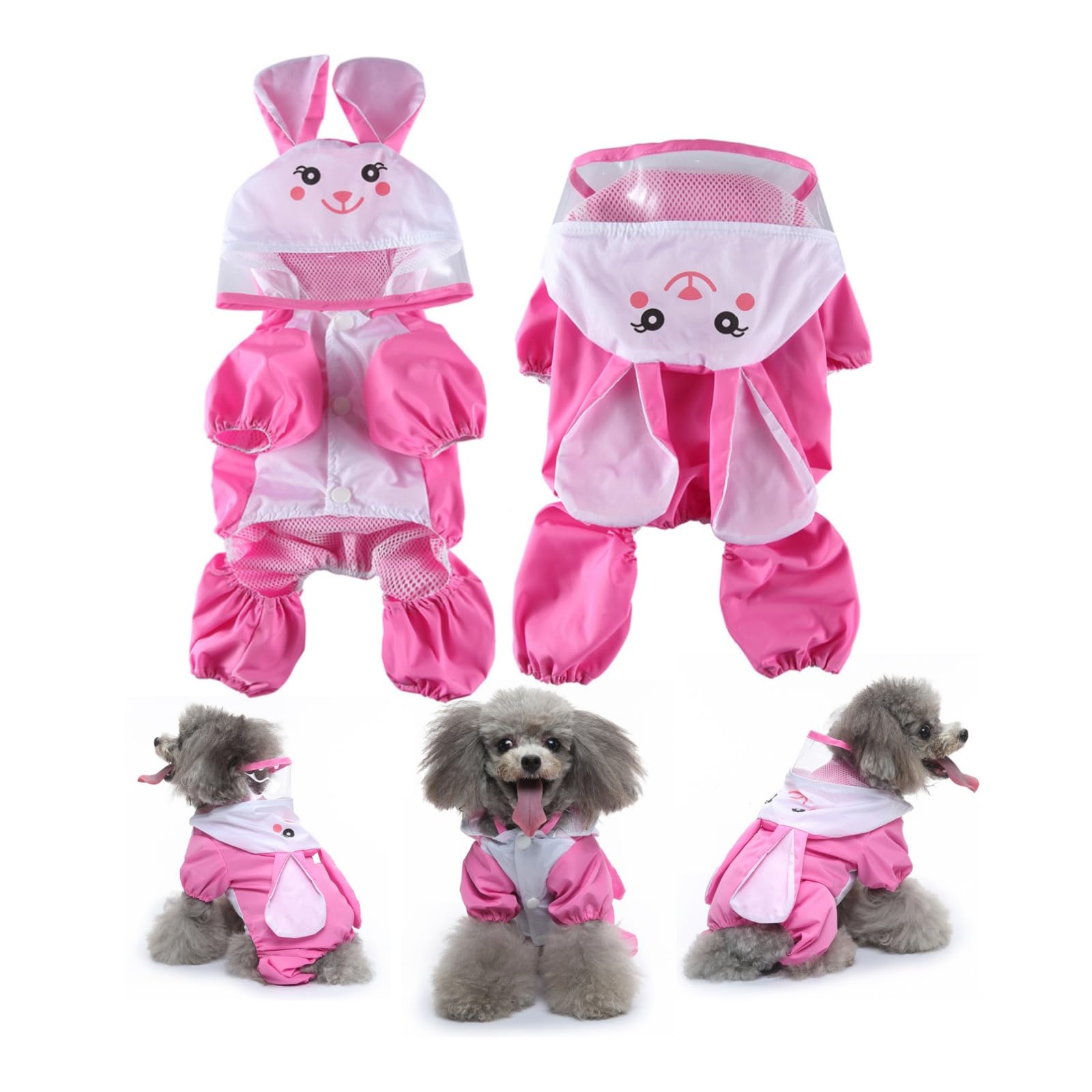 Dog Raincoat with Hood, Waterproof & Windproof Rain Jacket for Small Dogs Boy Girl, Packable, Adjustable, Funny Animal Pattern Raincoats with Legs 1.5kg to 8kg Available (Hot Pink,M)